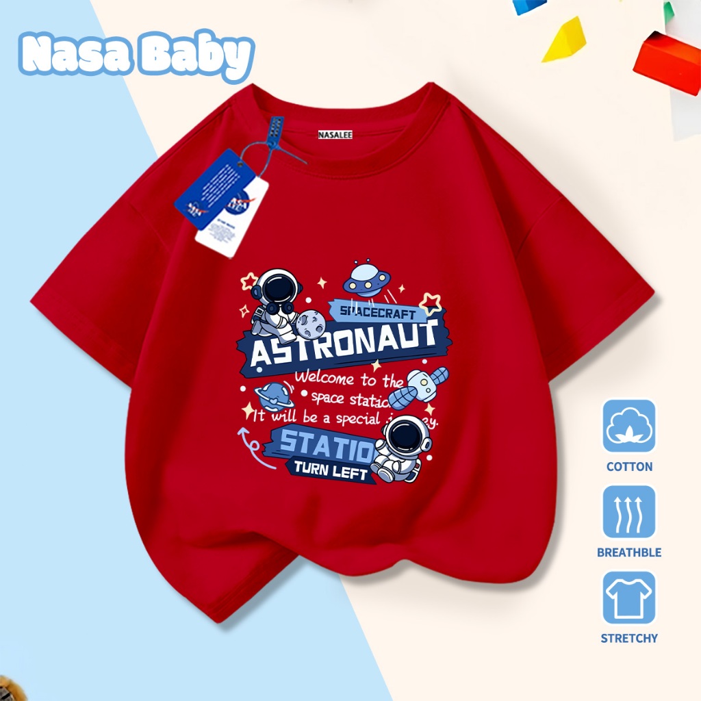 🚀Xu hướng hot 2026🚀 Áo thun trẻ em họa tiết hoạt hình phi hành gia NASA 100% chất liệu cotton Unisex Giao hàng ngay