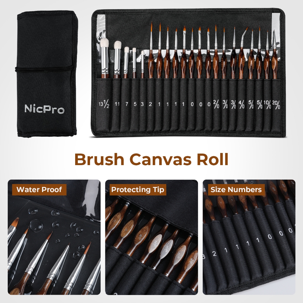 Bàn chải sơn thu nhỏ Nicpro Bàn chải khô - Bộ bàn chải sơn mô hình 21 chiếc có cuộn vải cho màu nước dầu Acrylic, Bàn chải sơn chi tiết Bàn chải khô cho mô hình, Tranh thu nhỏ, Sơn