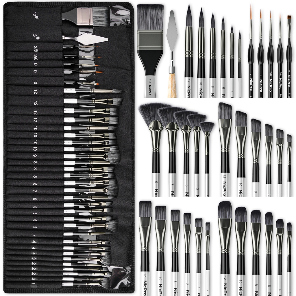 Bộ cọ sơn Nicpro 36 chiếc, cọ sơn chuyên nghiệp có bảng màu dao và cuộn vải, Thích hợp cho nghệ sĩ và người mới bắt đầu vẽ tranh Acrylic, dầu, màu nước, Gouache