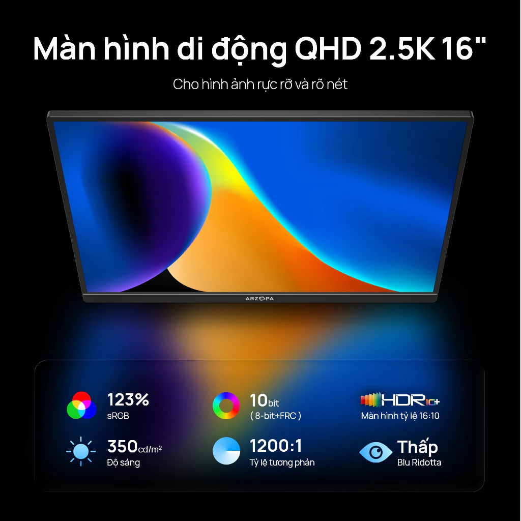 ARZOPA Z1RC, Màn hình di động 16 "2.5K, Giá đỡ chân đế HDR 2560x1600, Màn hình máy tính xách tay HDMI 350nits 8bit QHD USB-C, Màn hình IPS 16: 10 cho điện thoại Mac PC PS Xbox Switch