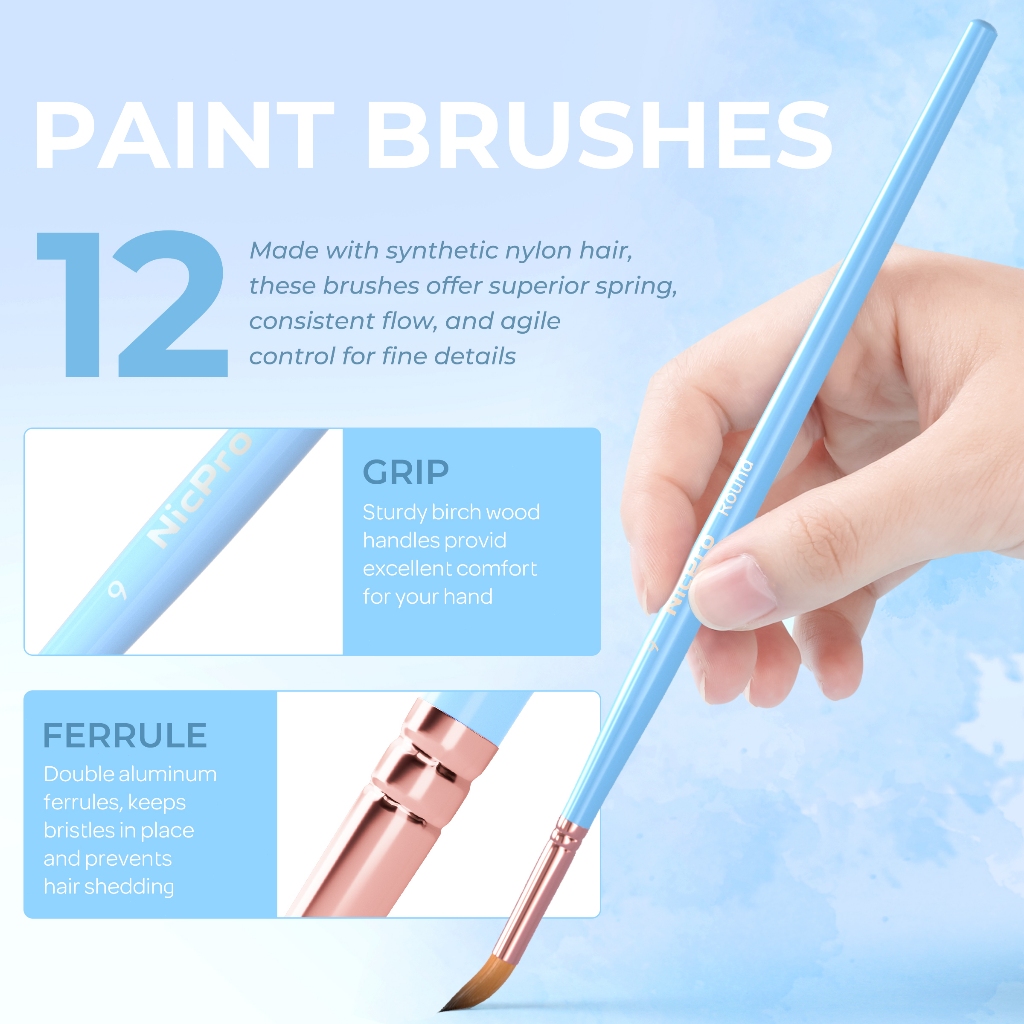 Nicpro 12 Bộ cọ vẽ nghệ sĩ, Bàn chải sơn Pastel thẩm mỹ Bàn chải sơn thủ công cho tranh Acrylic, dầu, màu nước, bầu, khí chất, mặt, cơ thể, đồ dùng nghệ thuật cho nghệ sĩ