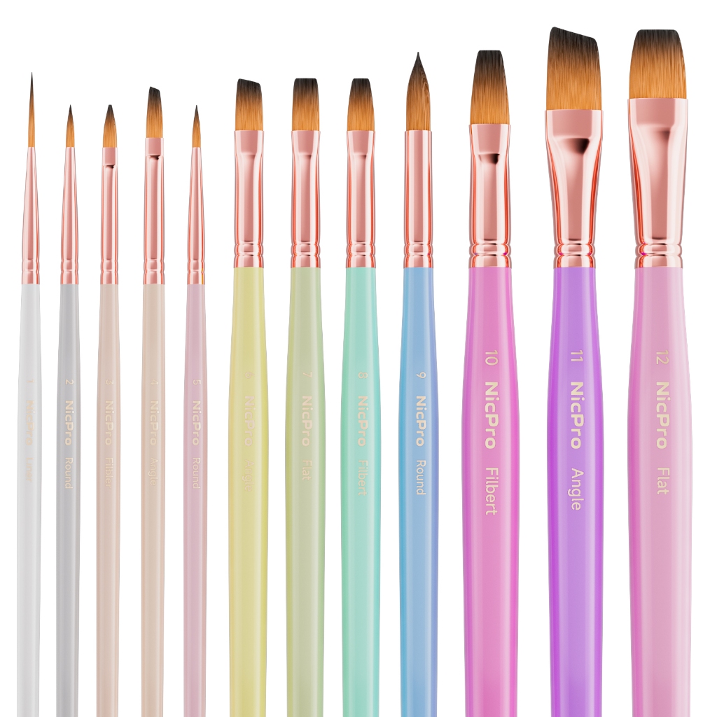 Nicpro 12 Bộ cọ vẽ nghệ sĩ, Bàn chải sơn Pastel thẩm mỹ Bàn chải sơn thủ công cho tranh Acrylic, dầu, màu nước, bầu, khí chất, mặt, cơ thể, đồ dùng nghệ thuật cho nghệ sĩ