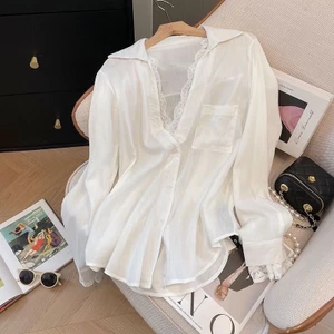Phong Cách Đơn Giản Cao Cấp Trắng Giả Hai Mảnh Ren Khâu Phù Hợp Với Áo Sơ Mi Dài Tay Rời Top Nữ Áo Sơ Mi Nữ Quần Áo