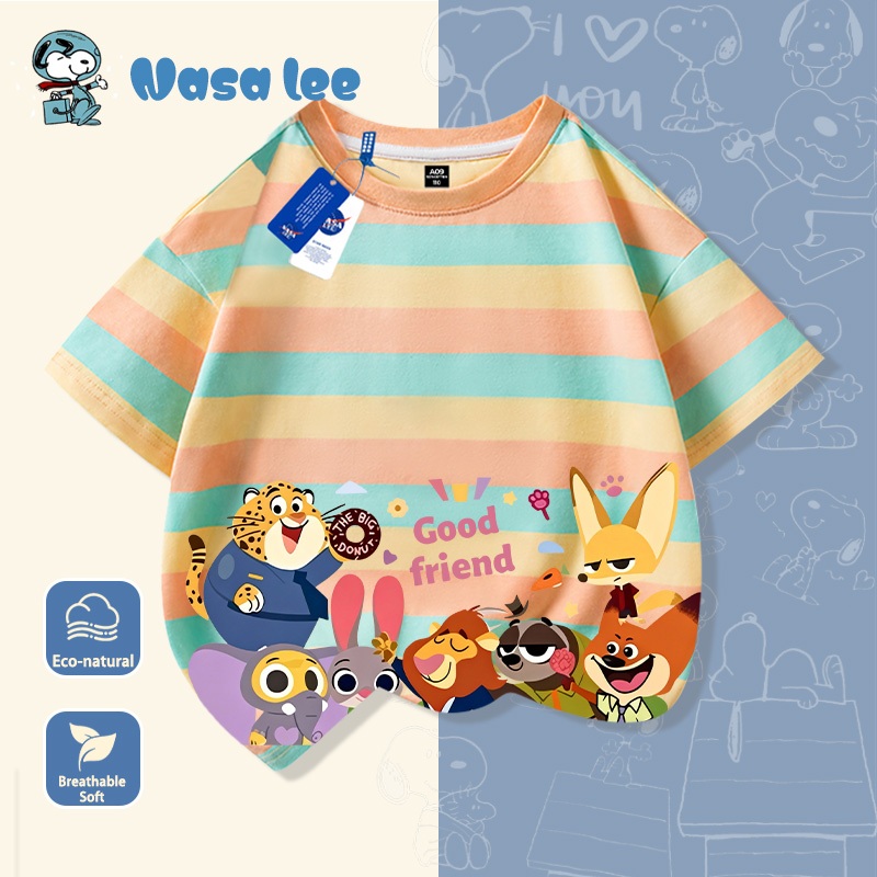 Áo thun trẻ em hình Zootopia (Thành phố Động Vật) kẻ sọc cầu vồng, in chữ "Good friend", áo phông ngắn tay mùa hè.