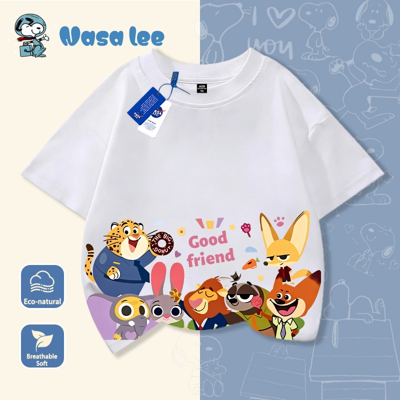 Áo thun trẻ em hình Zootopia (Thành phố Động Vật) kẻ sọc cầu vồng, in chữ "Good friend", áo phông ngắn tay mùa hè.
