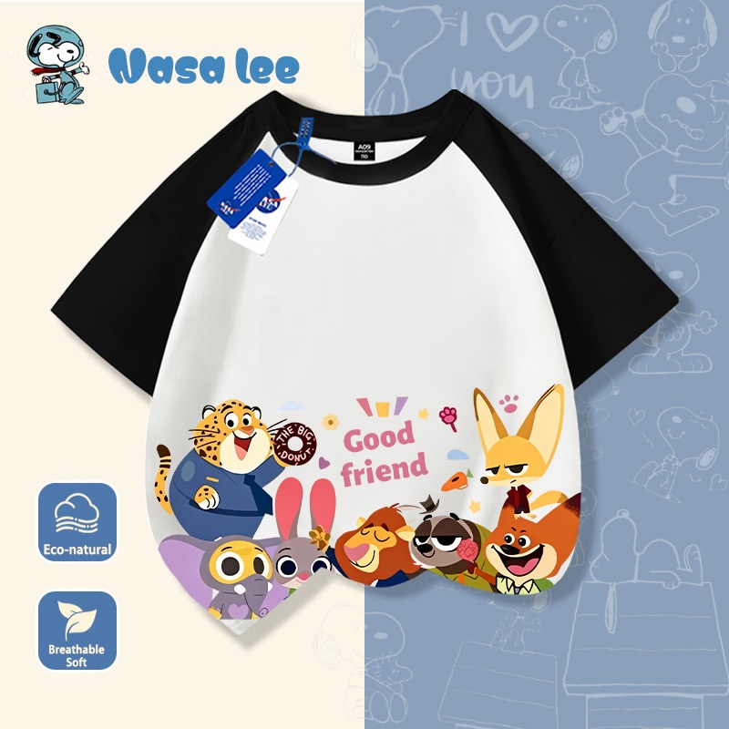 Áo thun trẻ em hình Zootopia (Thành phố Động Vật) kẻ sọc cầu vồng, in chữ "Good friend", áo phông ngắn tay mùa hè.