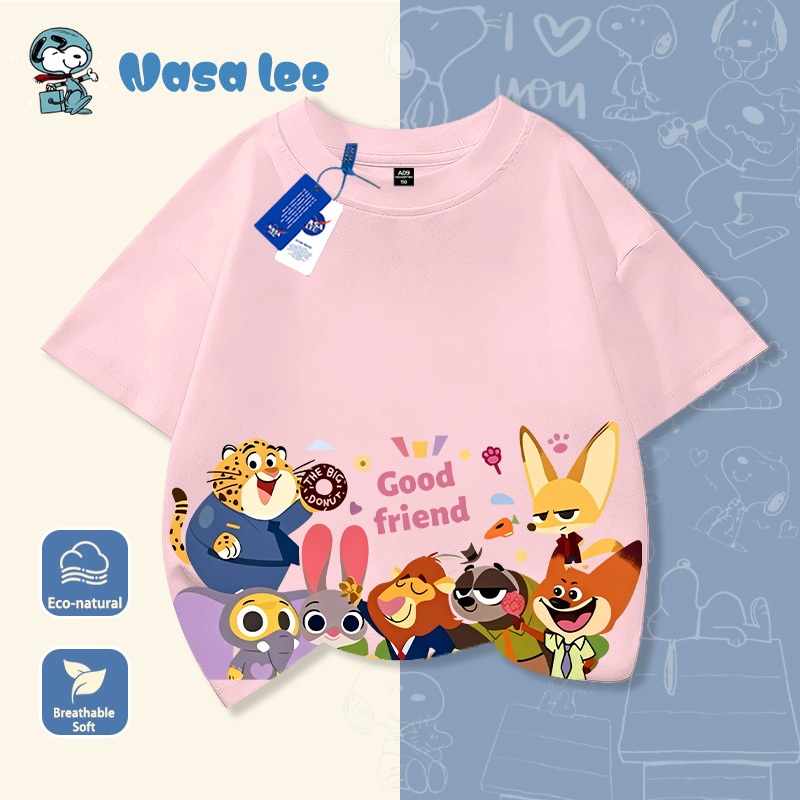 Áo thun trẻ em hình Zootopia (Thành phố Động Vật) kẻ sọc cầu vồng, in chữ "Good friend", áo phông ngắn tay mùa hè.