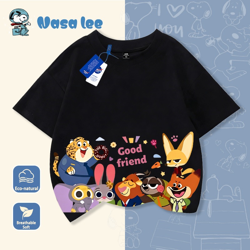 Áo thun trẻ em hình Zootopia (Thành phố Động Vật) kẻ sọc cầu vồng, in chữ "Good friend", áo phông ngắn tay mùa hè.
