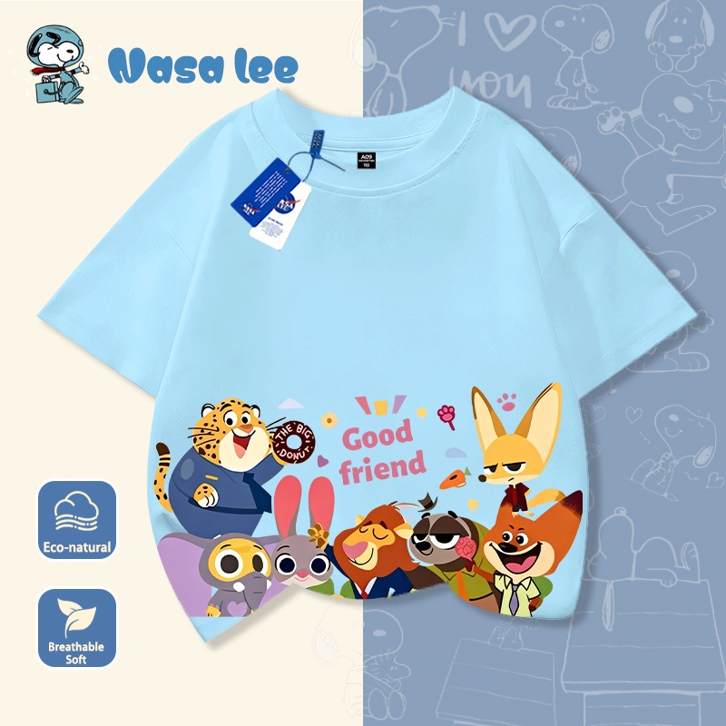 Áo thun trẻ em hình Zootopia (Thành phố Động Vật) kẻ sọc cầu vồng, in chữ "Good friend", áo phông ngắn tay mùa hè.