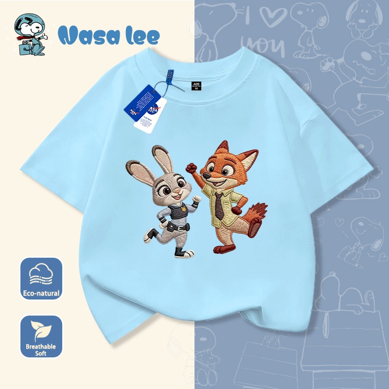 Áo thun in hình Judy & Nick - Zootopia, phong cách rộng rãi, màu đỏ, dễ phối đồ mùa hè.