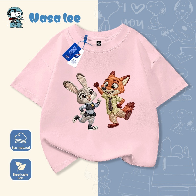 Áo thun in hình Judy & Nick - Zootopia, phong cách rộng rãi, màu đỏ, dễ phối đồ mùa hè.