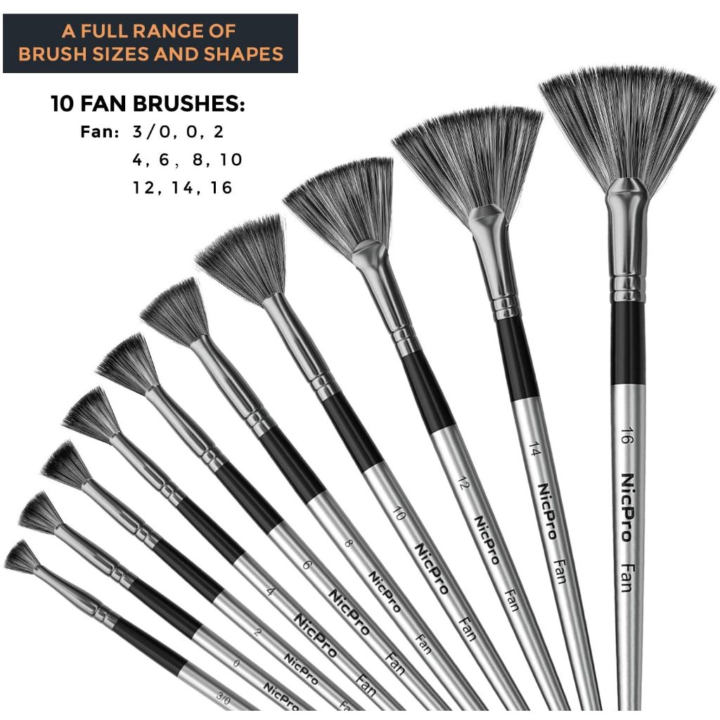 Nicpro Quạt Sơn Bàn Chải 10 Chiếc Nghệ Sĩ Tranh Bộ Bàn Chải Mềm Chống Phủ Tóc Nylon Gỗ Tay Cầm Ngắn Cho Acrylic, Màu Nước, Dầu, Tranh Thủ Công