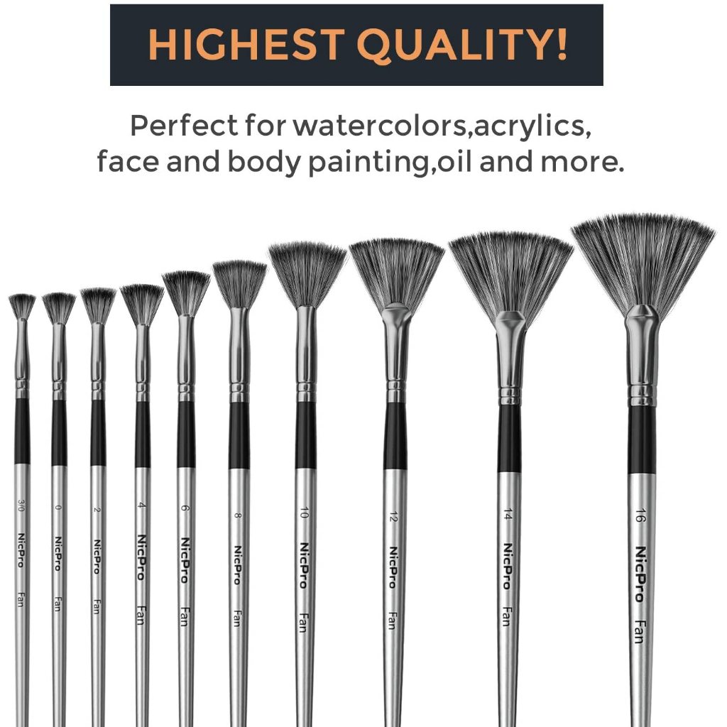 Nicpro Quạt Sơn Bàn Chải 10 Chiếc Nghệ Sĩ Tranh Bộ Bàn Chải Mềm Chống Phủ Tóc Nylon Gỗ Tay Cầm Ngắn Cho Acrylic, Màu Nước, Dầu, Tranh Thủ Công