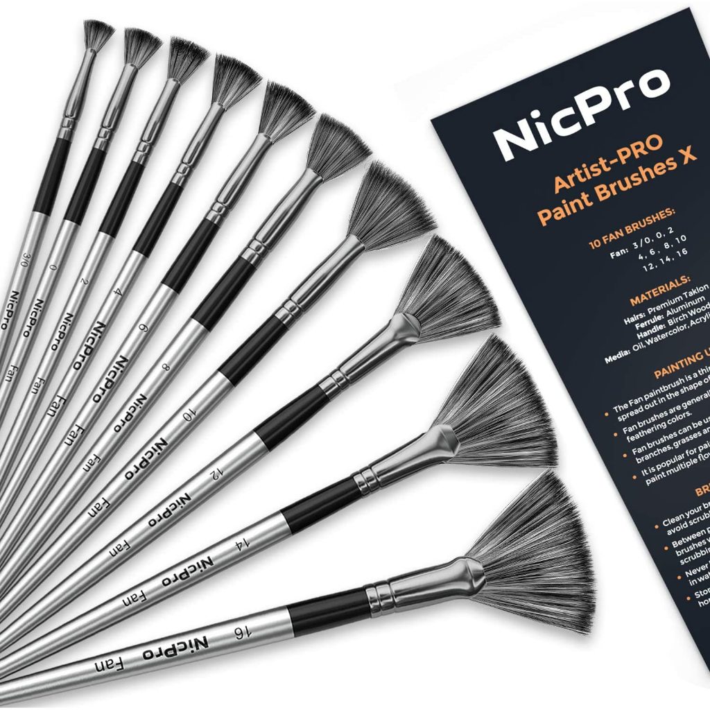 Nicpro Quạt Sơn Bàn Chải 10 Chiếc Nghệ Sĩ Tranh Bộ Bàn Chải Mềm Chống Phủ Tóc Nylon Gỗ Tay Cầm Ngắn Cho Acrylic, Màu Nước, Dầu, Tranh Thủ Công