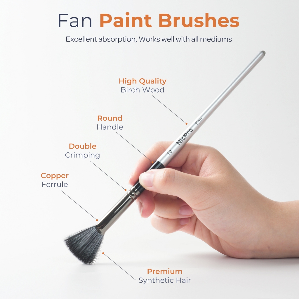 Nicpro Quạt Sơn Bàn Chải 10 Chiếc Nghệ Sĩ Tranh Bộ Bàn Chải Mềm Chống Phủ Tóc Nylon Gỗ Tay Cầm Ngắn Cho Acrylic, Màu Nước, Dầu, Tranh Thủ Công