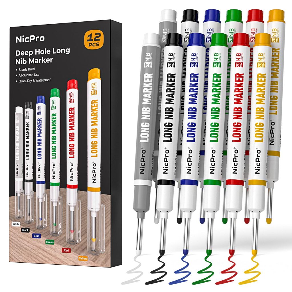 Nicpro 12 bút dạ đầu dài 20 mm, chống nước, khô nhanh cho kim loại, thép, ngói, kính, dụng cụ thợ mộc
