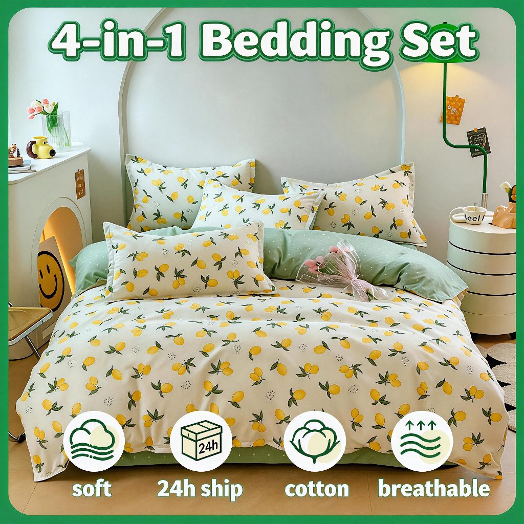 Bộ chăn ga gối 4 món phong cách Hàn Quốc họa tiết hoa Ga phủ không bo chun Vỏ chăn (Không kèm ruột)