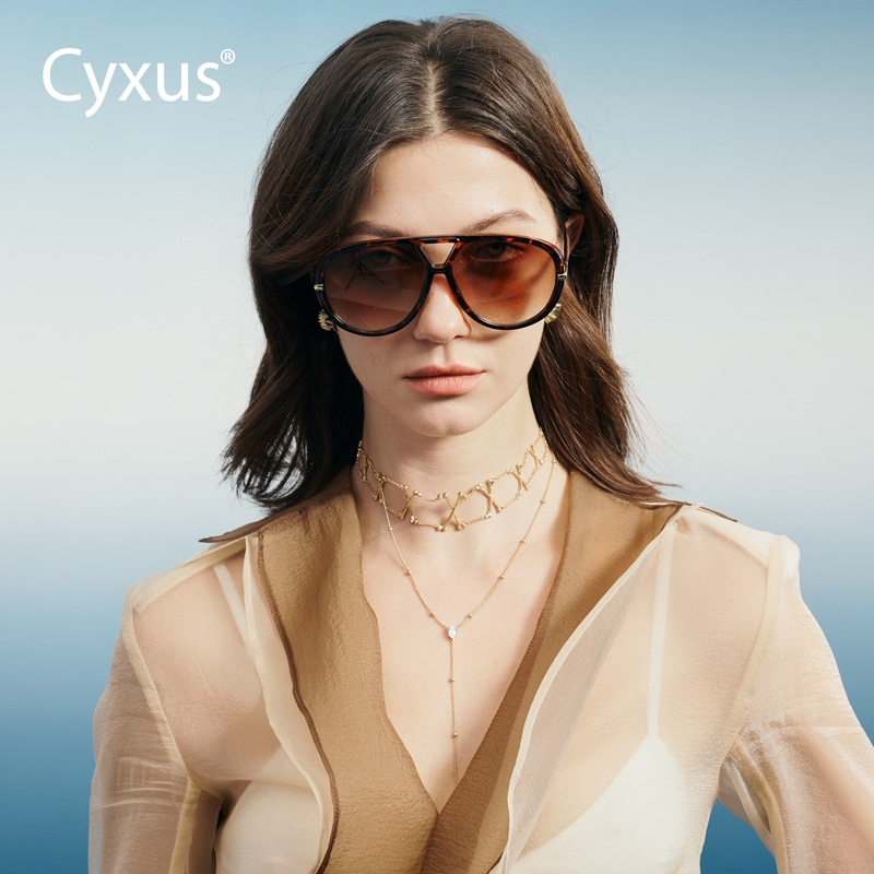 Cyxus Kính Râm Nữ Kiểu Aviator Retro Gọng Kim Loại Cầu Đôi Cổ Điển Chống Tia UV400 Bảo Vệ Mắt 1319