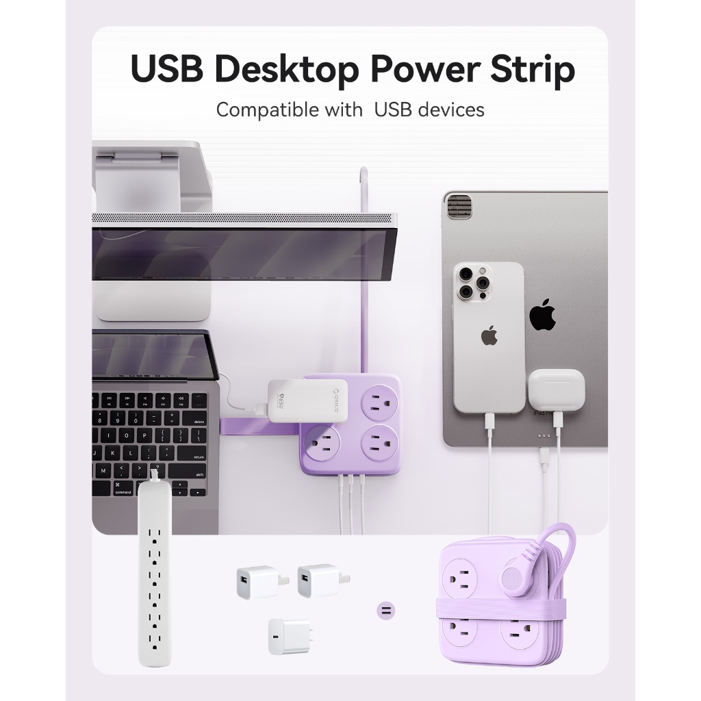 ORICO US Plug - Dải nguồn du lịch 1.65M Ổ cắm dây nối dài Ổ cắm di động có USB A Type C (AP3-8A)