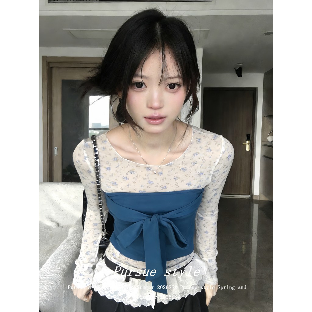 【BANKO】Bộ đồ nữ mùa xuân phong cách Hàn Quốc gồm áo thun dài tay hoa vừa vặn và áo vest layer