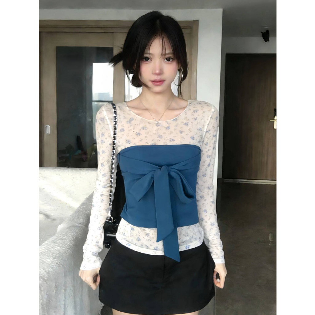 【BANKO】Bộ đồ nữ mùa xuân phong cách Hàn Quốc gồm áo thun dài tay hoa vừa vặn và áo vest layer