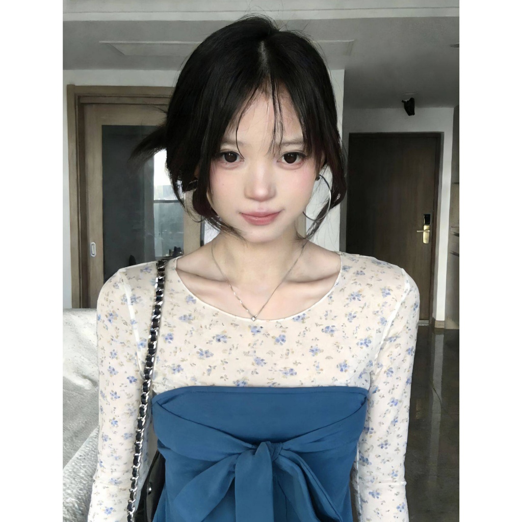 【BANKO】Bộ đồ nữ mùa xuân phong cách Hàn Quốc gồm áo thun dài tay hoa vừa vặn và áo vest layer