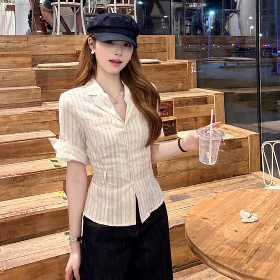 SUXI Áo sơ mi ngắn tay sọc nữ phong cách Hàn Quốc mới mùa hè 250731