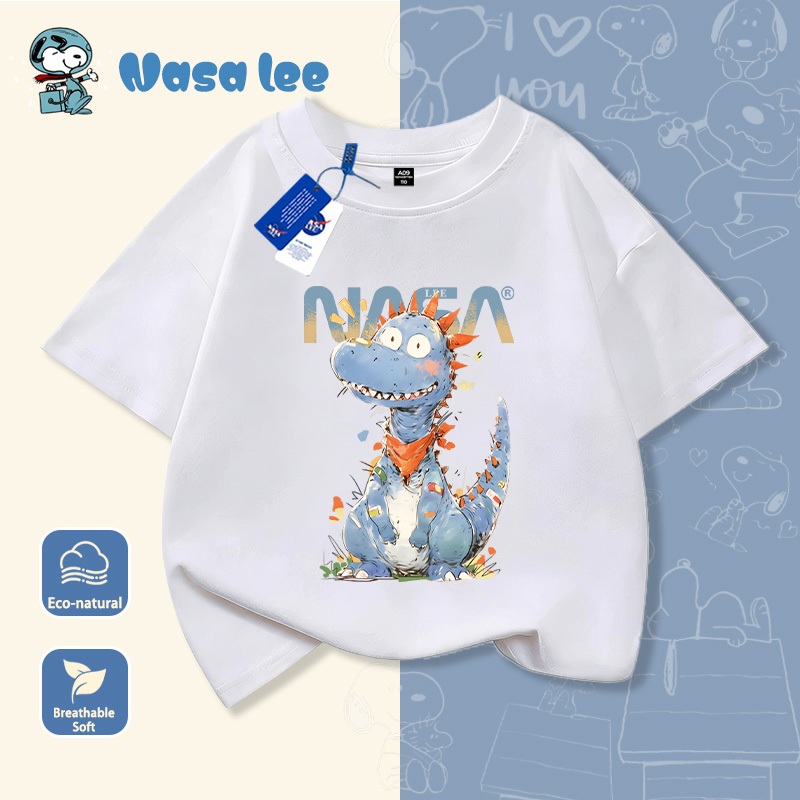 Áo thun ngắn tay trẻ em NASA, hình khủng long nhỏ, 100% cotton, mềm mại thoải mái, phong cách Hàn Quốc.