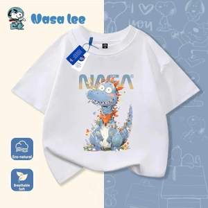 Áo thun ngắn tay trẻ em NASA, hình khủng long nhỏ, 100% cotton, mềm mại thoải mái, phong cách Hàn Quốc.