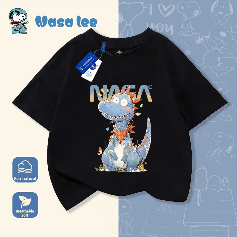 Áo thun ngắn tay trẻ em NASA, hình khủng long nhỏ, 100% cotton, mềm mại thoải mái, phong cách Hàn Quốc.