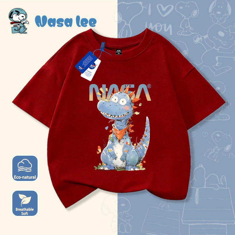 Áo thun ngắn tay trẻ em NASA, hình khủng long nhỏ, 100% cotton, mềm mại thoải mái, phong cách Hàn Quốc.