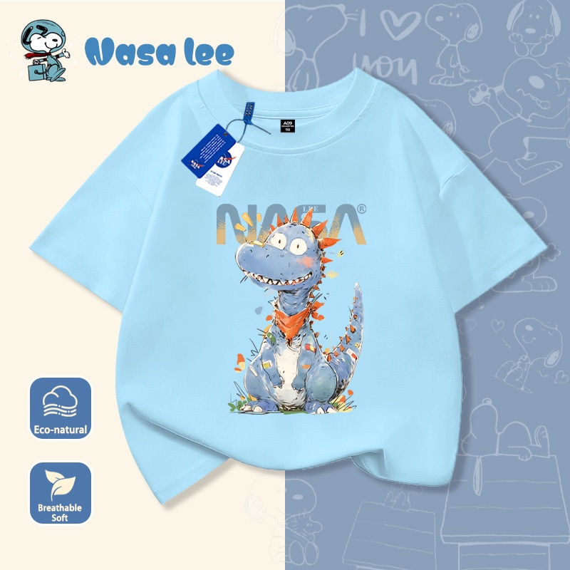 Áo thun ngắn tay trẻ em NASA, hình khủng long nhỏ, 100% cotton, mềm mại thoải mái, phong cách Hàn Quốc.
