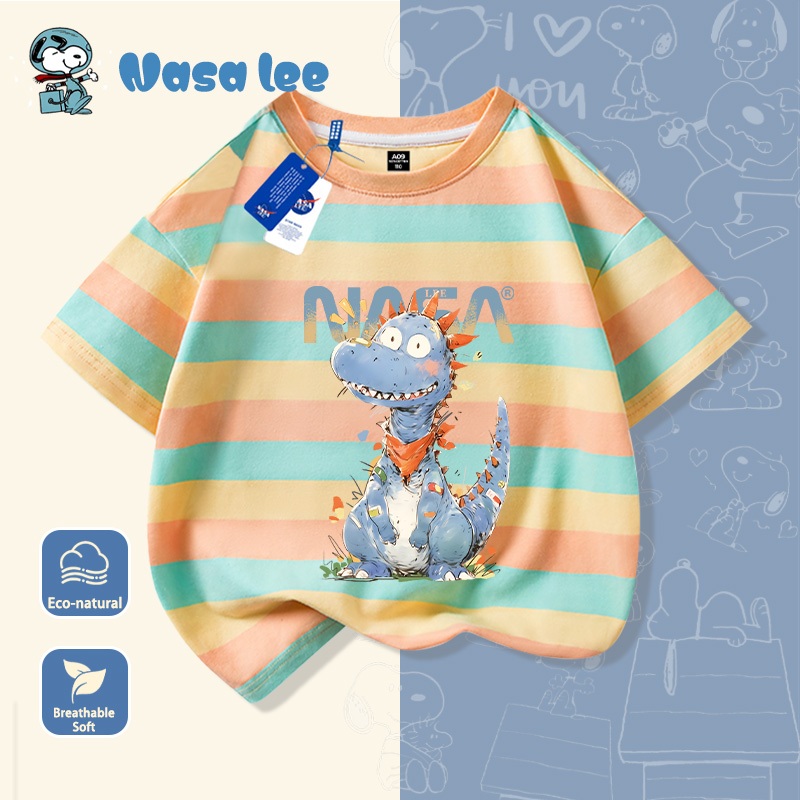 Áo thun ngắn tay trẻ em NASA, hình khủng long nhỏ, 100% cotton, mềm mại thoải mái, phong cách Hàn Quốc.