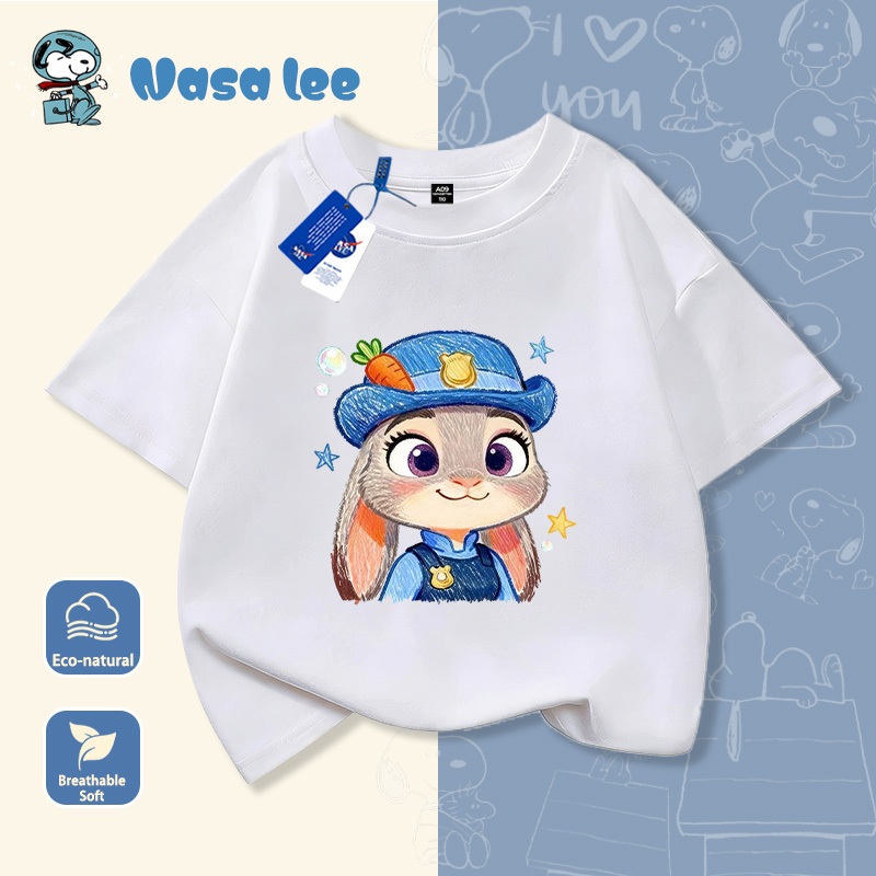 Áo thun ngắn tay trẻ em NASA 100% cotton 2026 mẫu mới in hình thỏ ngoan ngoãn, mềm mại thoải mái, đáng yêu thời trang.