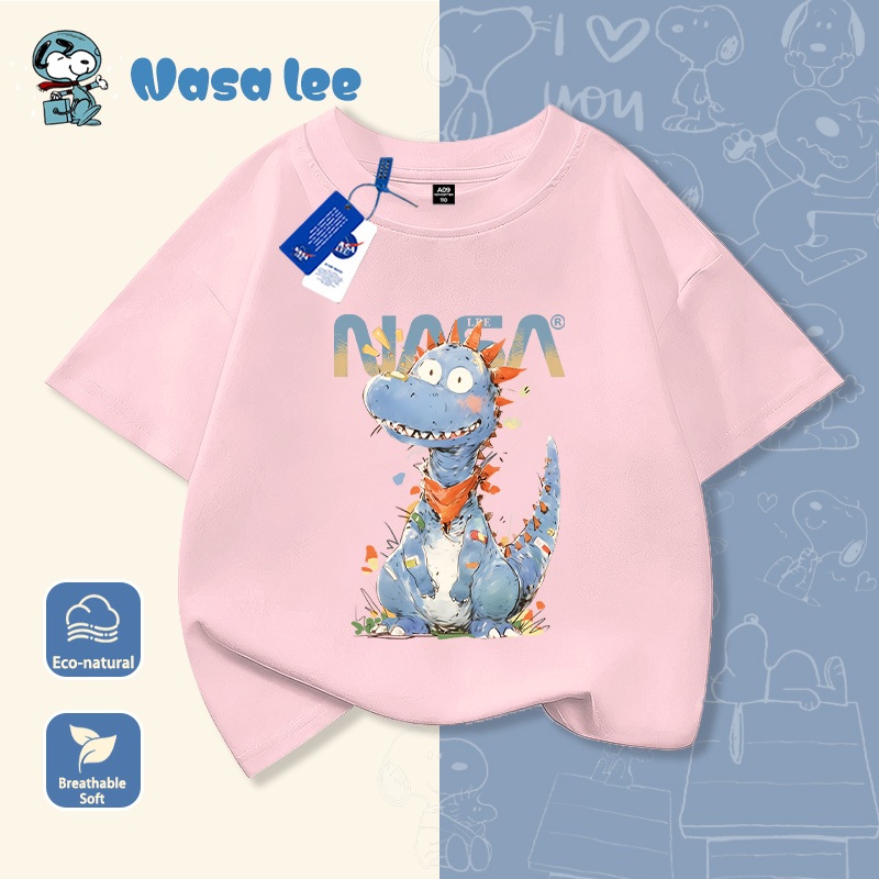 Áo thun ngắn tay trẻ em NASA, hình khủng long nhỏ, 100% cotton, mềm mại thoải mái, phong cách Hàn Quốc.