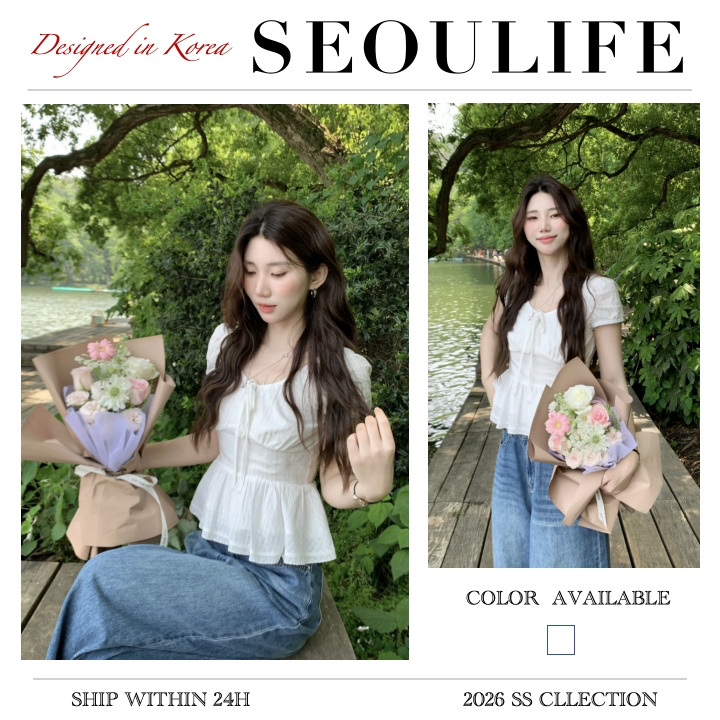 SEOULIFE | Áo sơ mi tay phồng phong cách Hàn Quốc cách ngọt ngào phong cách Hàn Quốc dành cho nữ cổ tròn và chữ A vừa vặn
