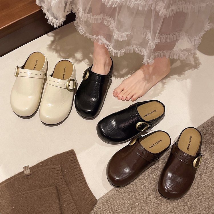 Dép Nữ Nữ Hàn Quốc Thường Ngày Phù Hợp Với Ngón Chân Phẳng Che Nửa Dép Đen Trắng Lười Mules Nữ