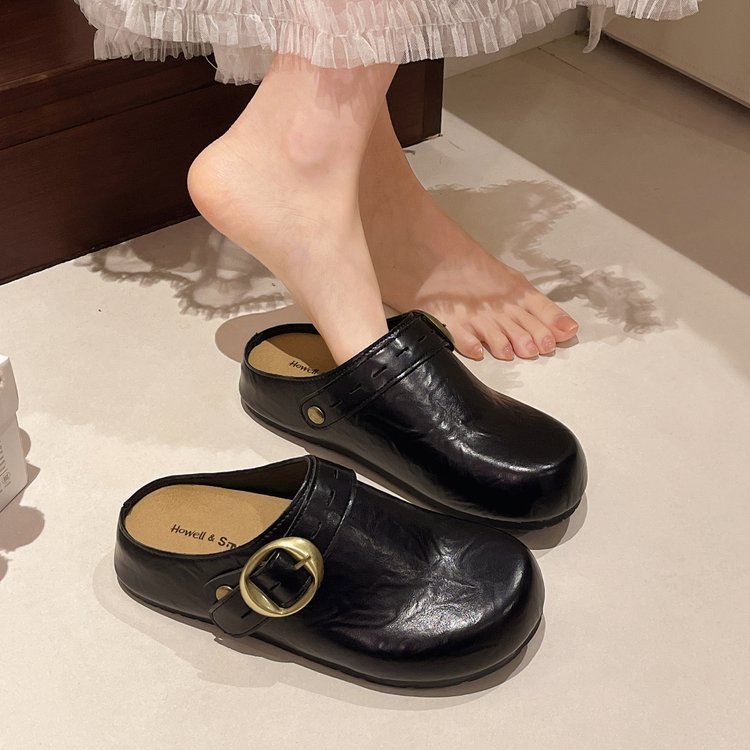 Dép Nữ Nữ Hàn Quốc Thường Ngày Phù Hợp Với Ngón Chân Phẳng Che Nửa Dép Đen Trắng Lười Mules Nữ