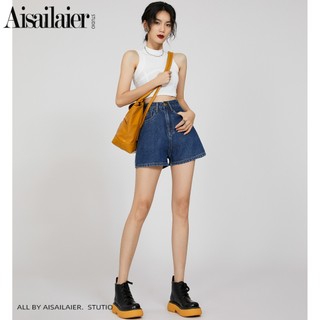 Quần Short Denim Chữ A Cạp Cao, Dáng Rộng Mềm Mại, Màu Xanh Đậm Phù Hợp Mùa Hè