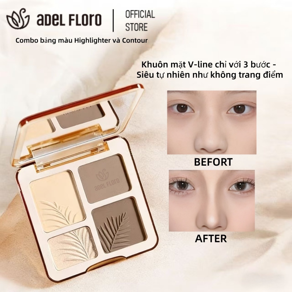 💎【Adel Floro & Co.】Bảng Tạo Khối 4 Màu | Kem chuyển phấn, Chống nước, Che phủ tối ưu, Highlight nhũ