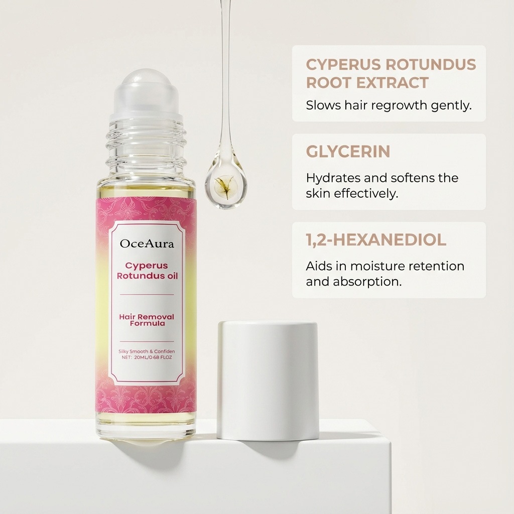 Dầu Rotundus OceAura Cyperus để tẩy lông – Dầu tẩy lông tự nhiên, Serum Rotundus Síp Roll-On cho làn da mịn màng, Chăm sóc tẩy lông nhẹ nhàng để giảm mọc tóc cơ thể 20ml