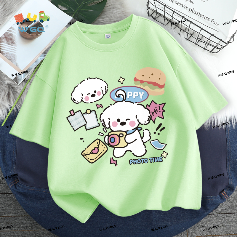 W.G.Q Áo thun bé gái , Áo thun ngắn tay phong cách mới mùa hè, Cotton nguyên chất thân thiện với da, in họa tiết