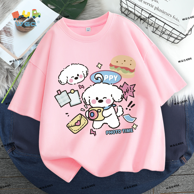 W.G.Q Áo thun bé gái , Áo thun ngắn tay phong cách mới mùa hè, Cotton nguyên chất thân thiện với da, in họa tiết