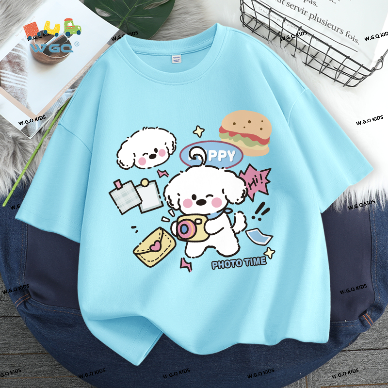 W.G.Q Áo thun bé gái , Áo thun ngắn tay phong cách mới mùa hè, Cotton nguyên chất thân thiện với da, in họa tiết
