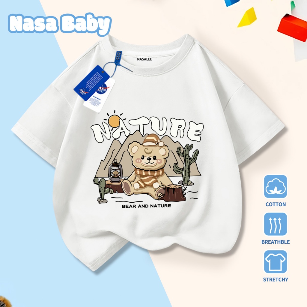 NASA Pure Cotton Tay Ngắn 2026 Phong Cách Mới Trẻ Em Tay Ngắn Mềm Mại Thoải Mái Thời Trang Họa Tiết Gấu Hoang Dã