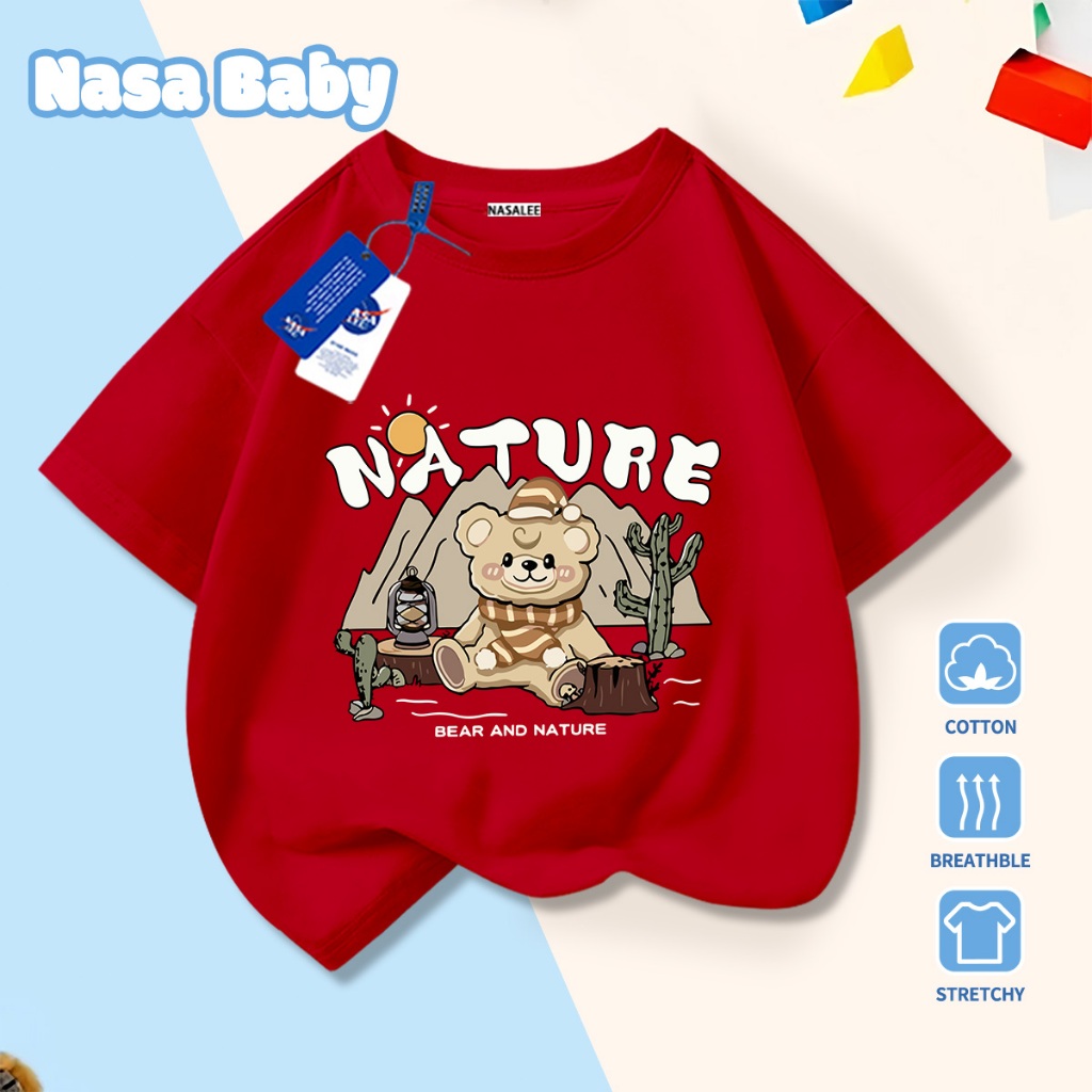 NASA Pure Cotton Tay Ngắn 2026 Phong Cách Mới Trẻ Em Tay Ngắn Mềm Mại Thoải Mái Thời Trang Họa Tiết Gấu Hoang Dã