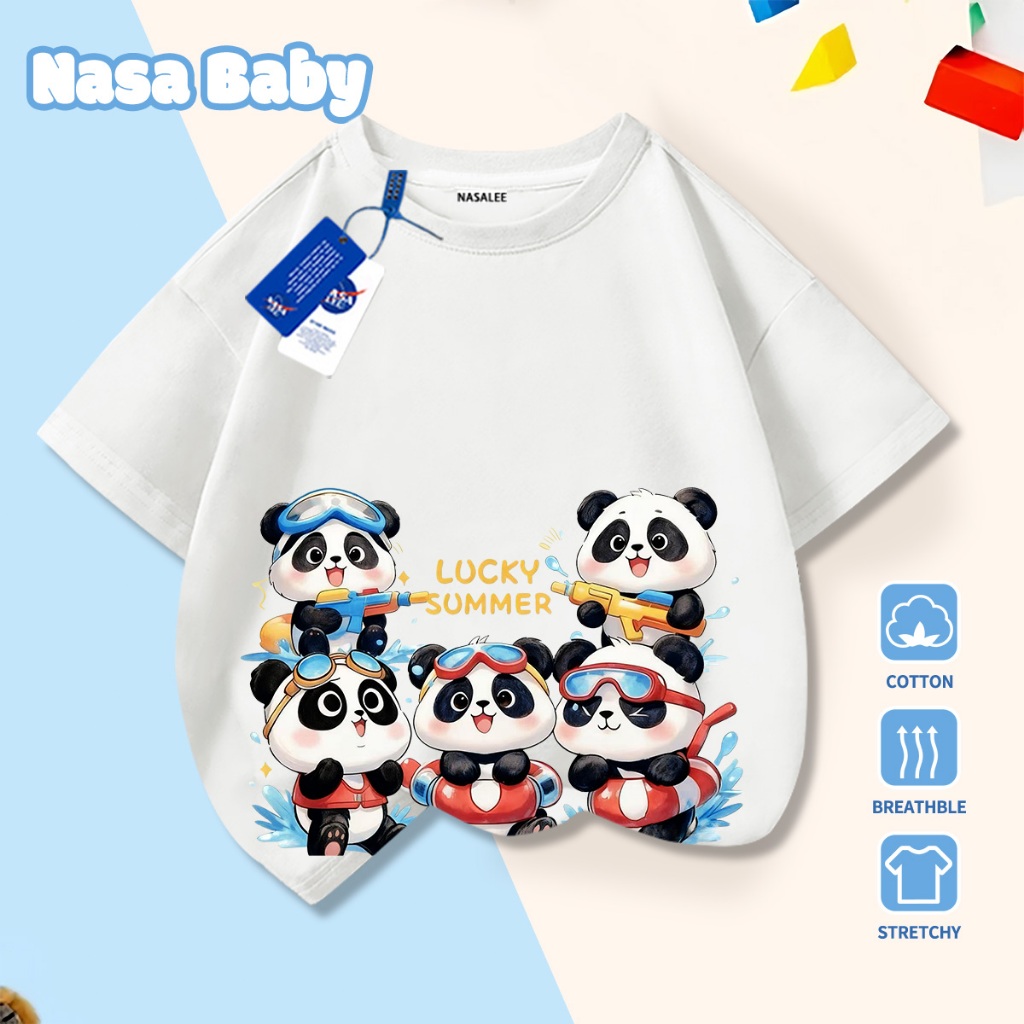 NASA Pure Cotton Tay Ngắn 2026 Phong Cách Mới Trẻ Em Tay Ngắn Mềm Mại Thoải Mái Thời Trang Họa Tiết Gấu Trúc