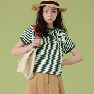 Áo thuncrop sọc xanh nữ, tay ngắn vừa vặn, phù hợp mùa hè