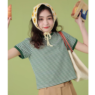 Áo thuncrop sọc xanh nữ, tay ngắn vừa vặn, phù hợp mùa hè
