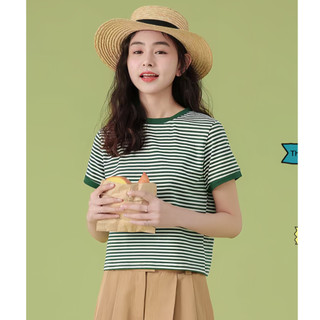 Áo thuncrop sọc xanh nữ, tay ngắn vừa vặn, phù hợp mùa hè